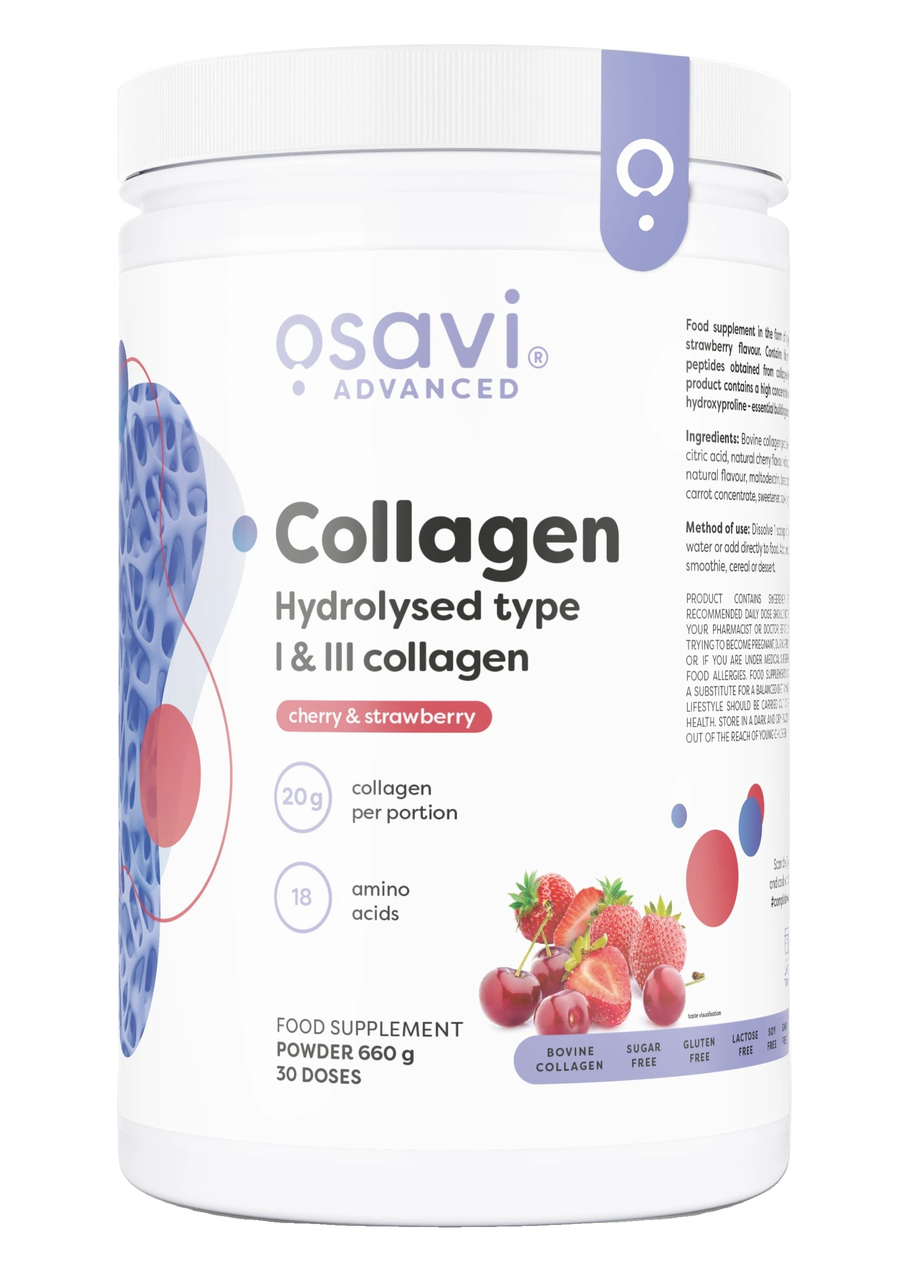 Collagen Hydrolysed Type I & III, Cherry & Strawberry - 660 grams