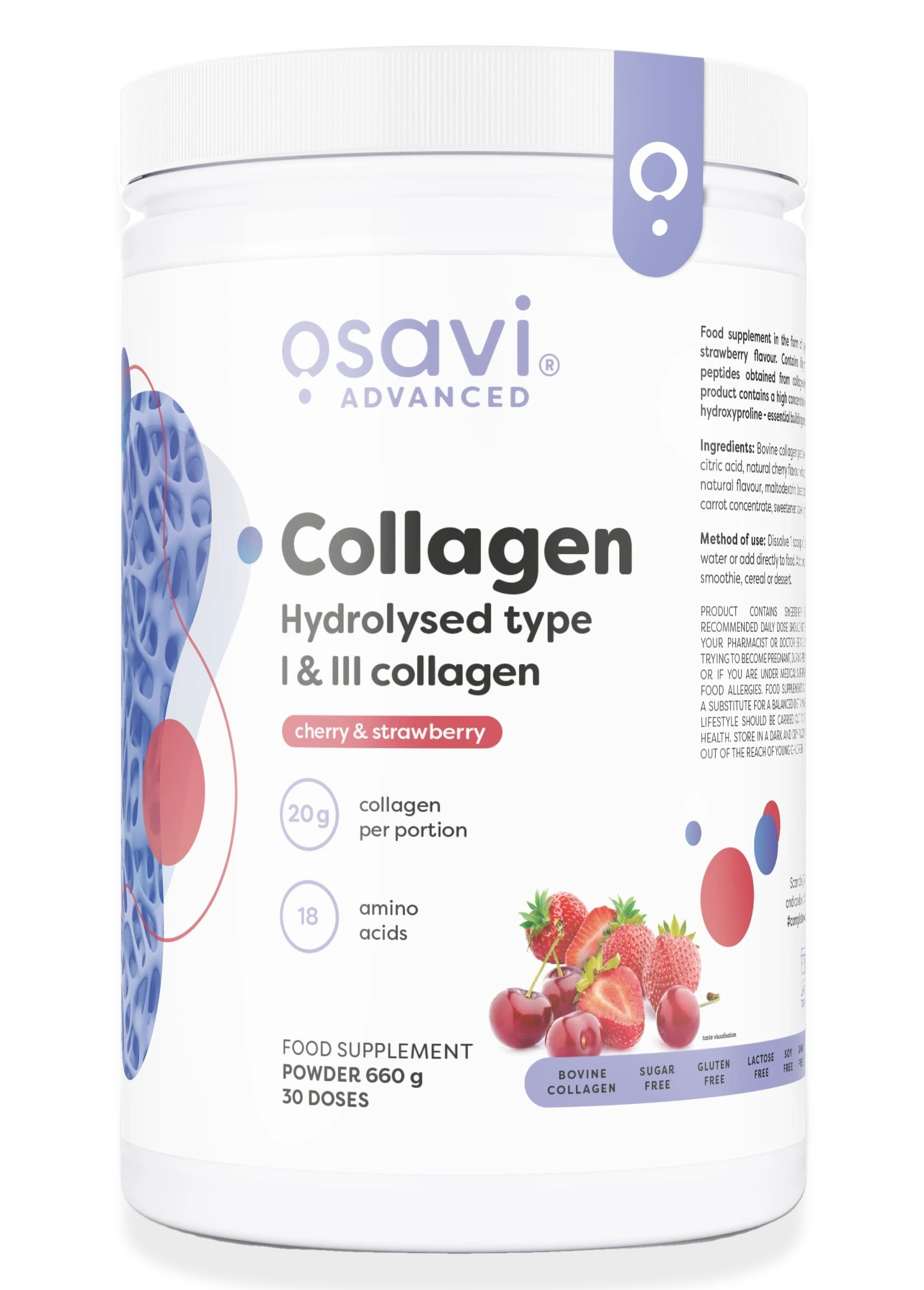 Collagen Hydrolysed Type I & III, Cherry & Strawberry - 660 grams